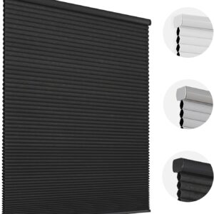 Joydeco functional home decor display highlighting a premium black indoor cellular shades set over a minimalist living area setup.