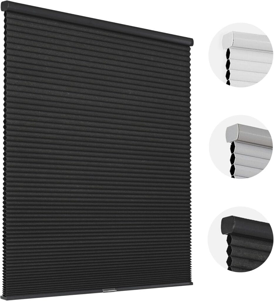 Joydeco functional home decor display highlighting a premium black indoor cellular shades set over a minimalist living area setup.