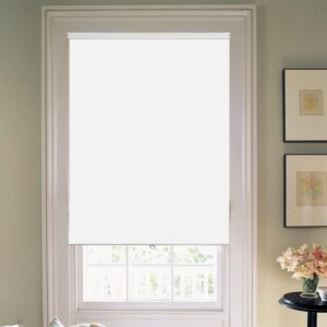 Bright contemporary window frame accenting the beautiful design of white blackout roller shade letting in soft natural light.