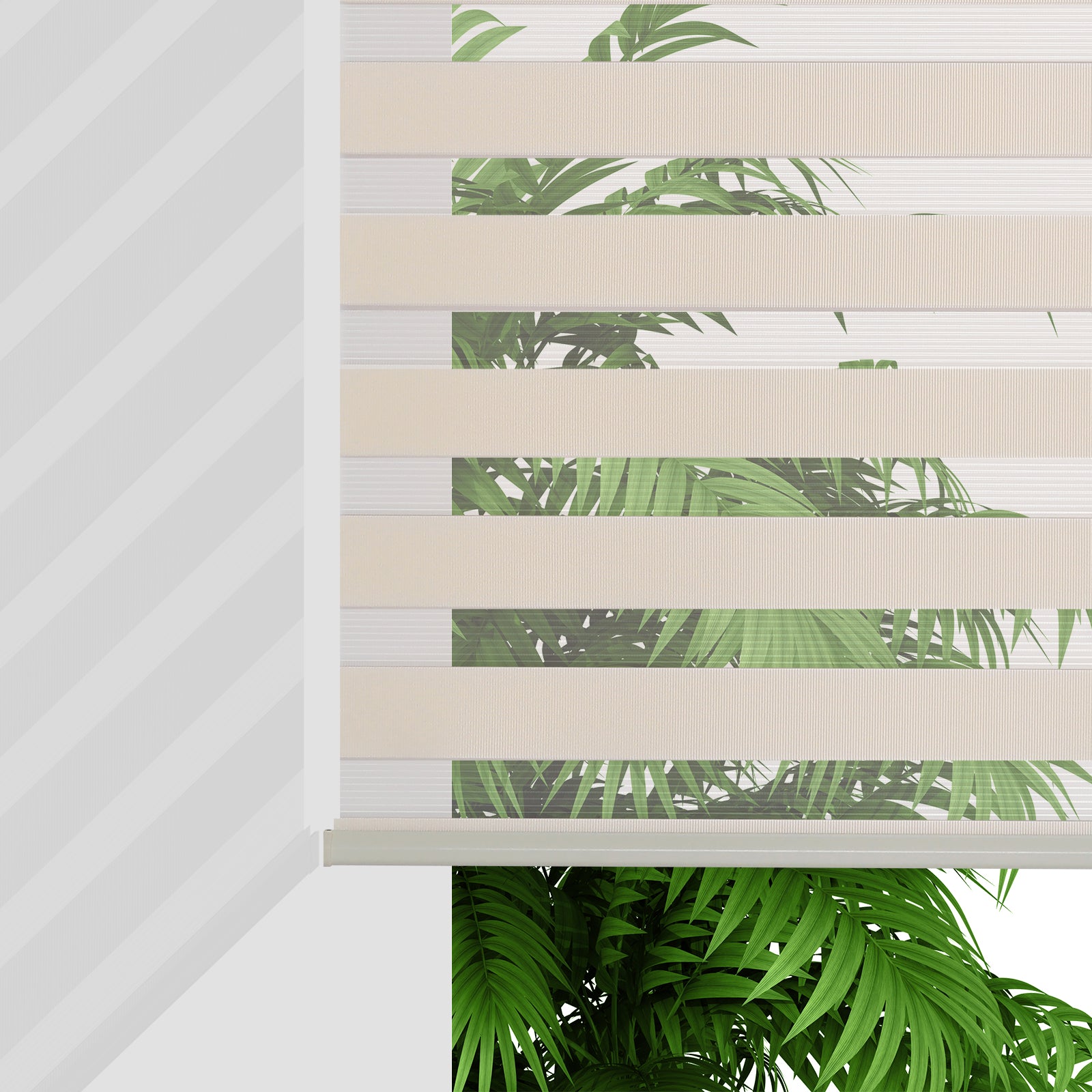 Joydeco Cordless Dual Layer Light Control Zebra Window Blinds with Aluminum Cover - Beige 1 A modern well-lit home interior showing functional light control blinds beige mounted clean over a residential glass window frame.