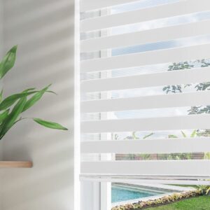 Close-up macro shot focusing on the high-quality fabric grain and neat stitching details of a durable off white zebra roller blinds set.