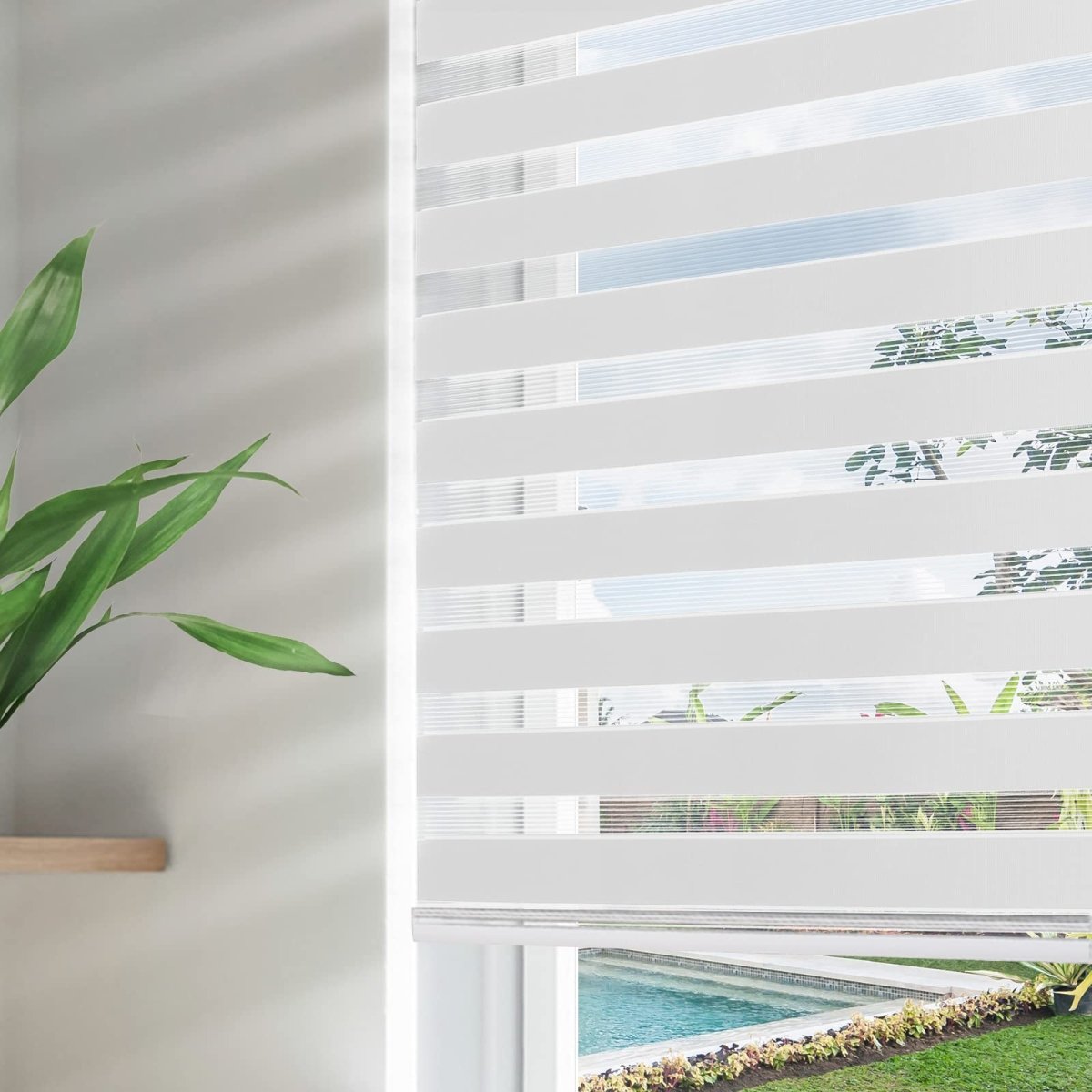 Joydeco Cordless Dual Layer Privacy Zebra Roller Blinds for Windows - Off-White 1 Close-up macro shot focusing on the high-quality fabric grain and neat stitching details of a durable off white zebra roller blinds set.