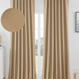 Joydeco custom home decor setup showing tailored dark beige curtains back tab framing a scenic bedroom doorway views.