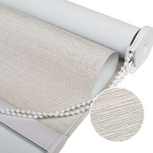 Polished farmhouse layout showing how premium beige blackout roller shade gracefully filter daylight into a reading nook.