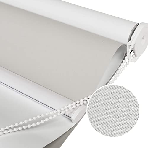 Joydeco Custom 100% Blackout Light Gray Roller Shade With Common Chain 1 Joydeco heavy-duty fabric presentation highlighting light gray blackout shade in a cozy living room.