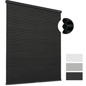 Premium Joydeco window treatment setup displaying elegant black cellular blackout shade in natural daylight.