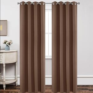 Joydeco tailored window treatment displaying an elegant blackout brown curtain installed over a clean casual setting.