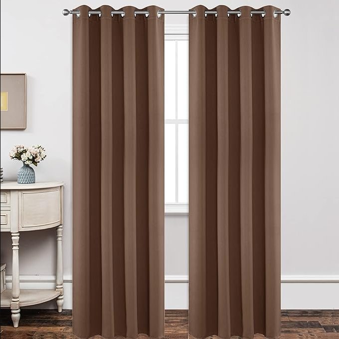 Joydeco Custom Blackout Back Tab Rod Pocket Curtain - Brown 1 Joydeco tailored window treatment displaying an elegant blackout brown curtain installed over a clean casual setting.