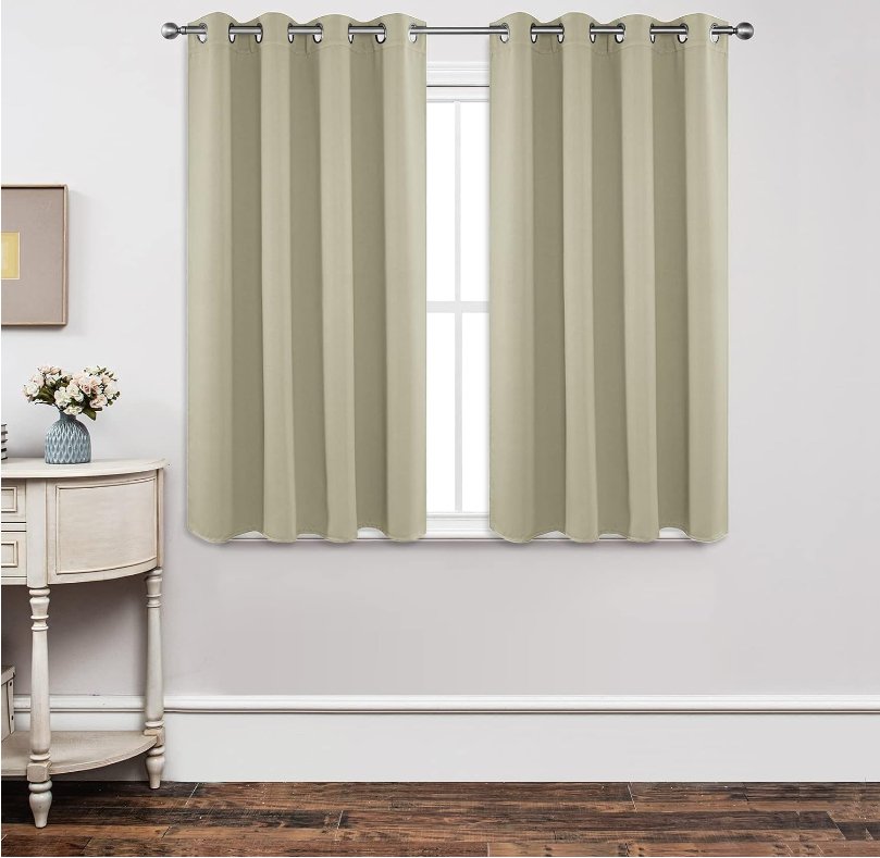 Joydeco Custom Blackout Back Tab Rod Pocket Curtain - Light Beige 1 Sleek contemporary home office frame showcasing the smooth look of an integrated blackout light beige curtain.
