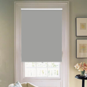 Nicely dressed private reading room window featuring the smooth horizontal profile of a custom roller blackout stone brown.