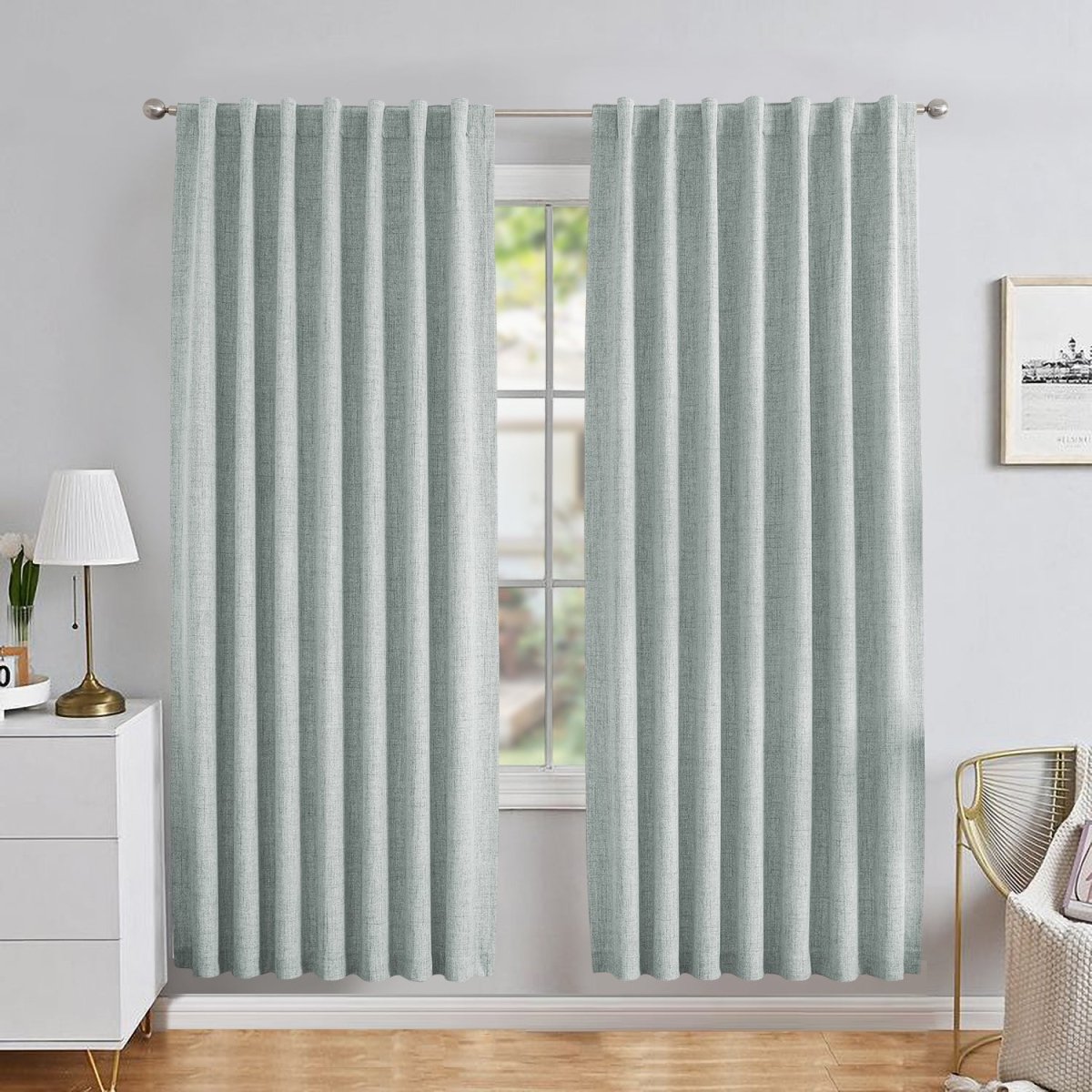 Joydeco Custom Faux Linen Blackout Back Tab Rod Pocket Curtain - Sage Green 1 A wide residential patio door dressed beautifully with custom sage green back tab curtain in a sunlit dining area.