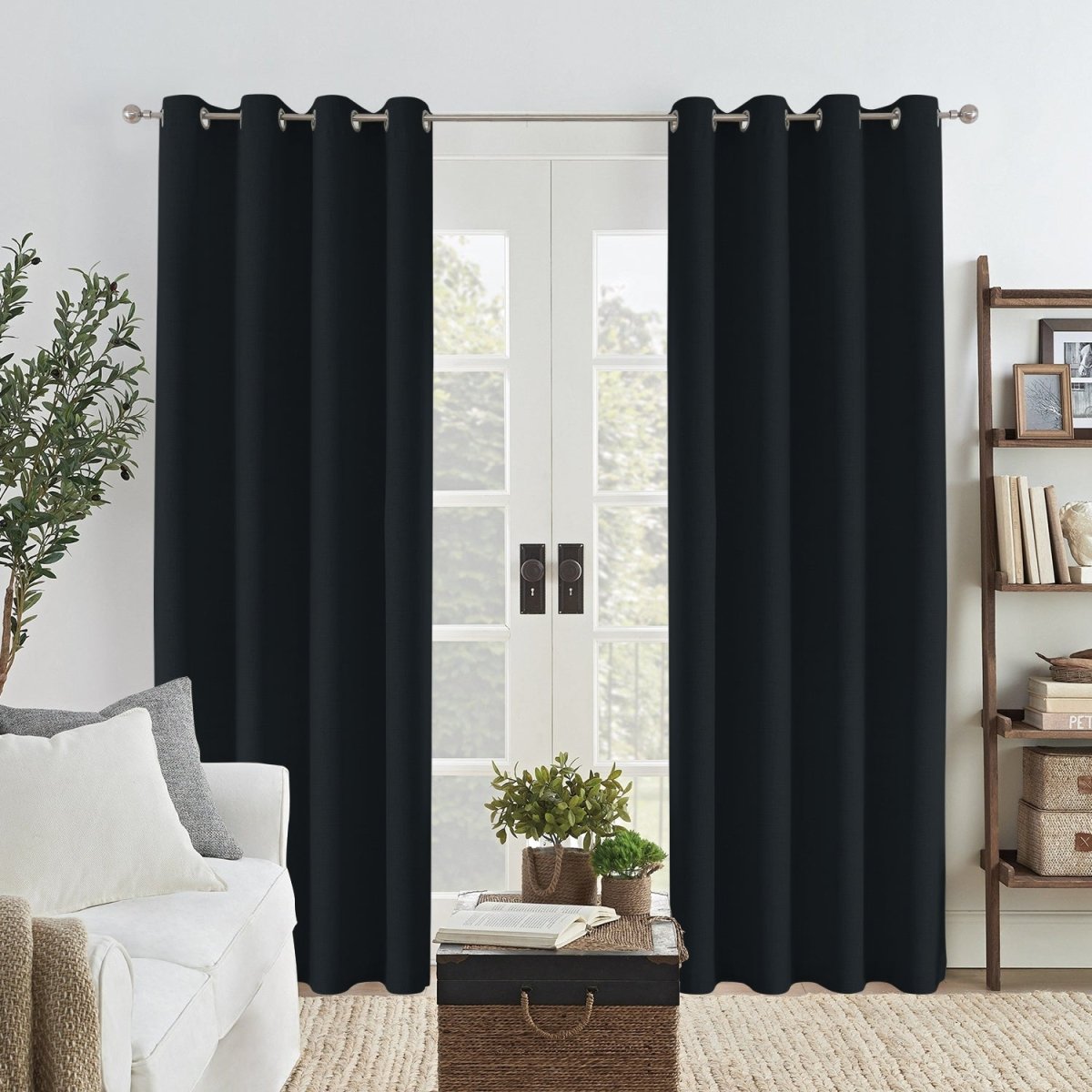 Joydeco Custom Linen Blackout Curtain - Black 1 Joydeco functional home visual emphasizing an elegant linen blackout curtain black hanging gracefully over a minimalist setting.
