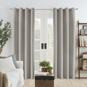 Sleek architectural living zone highlighting how a high-quality set of faux linen greyish white offers complete glare protection.