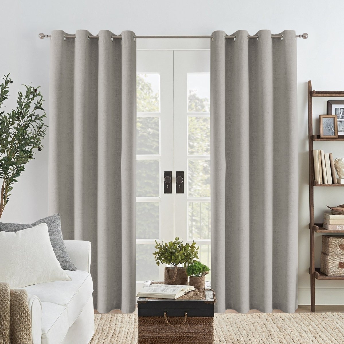 Joydeco Custom Faux Linen Blackout Curtain - Greyish White 1 Sleek architectural living zone highlighting how a high-quality set of faux linen greyish white offers complete glare protection.