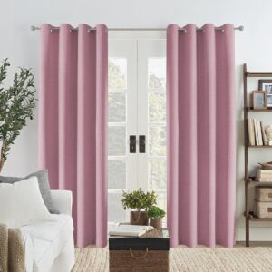 A bright living room space displaying elegant faux linen light pink hanging beautifully by a modern window layout.