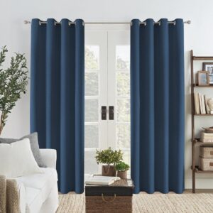 Sleek architectural living zone highlighting how a high-quality set of faux linen navy blue offers complete glare protection.