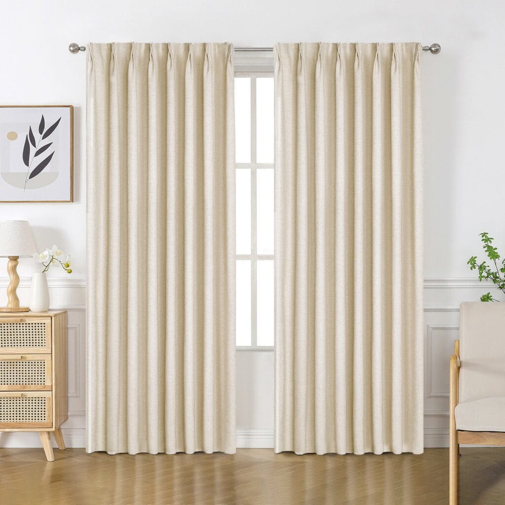 Joydeco functional room display focusing on custom linen semi blackout curtains arranged over a minimalistic layout.
