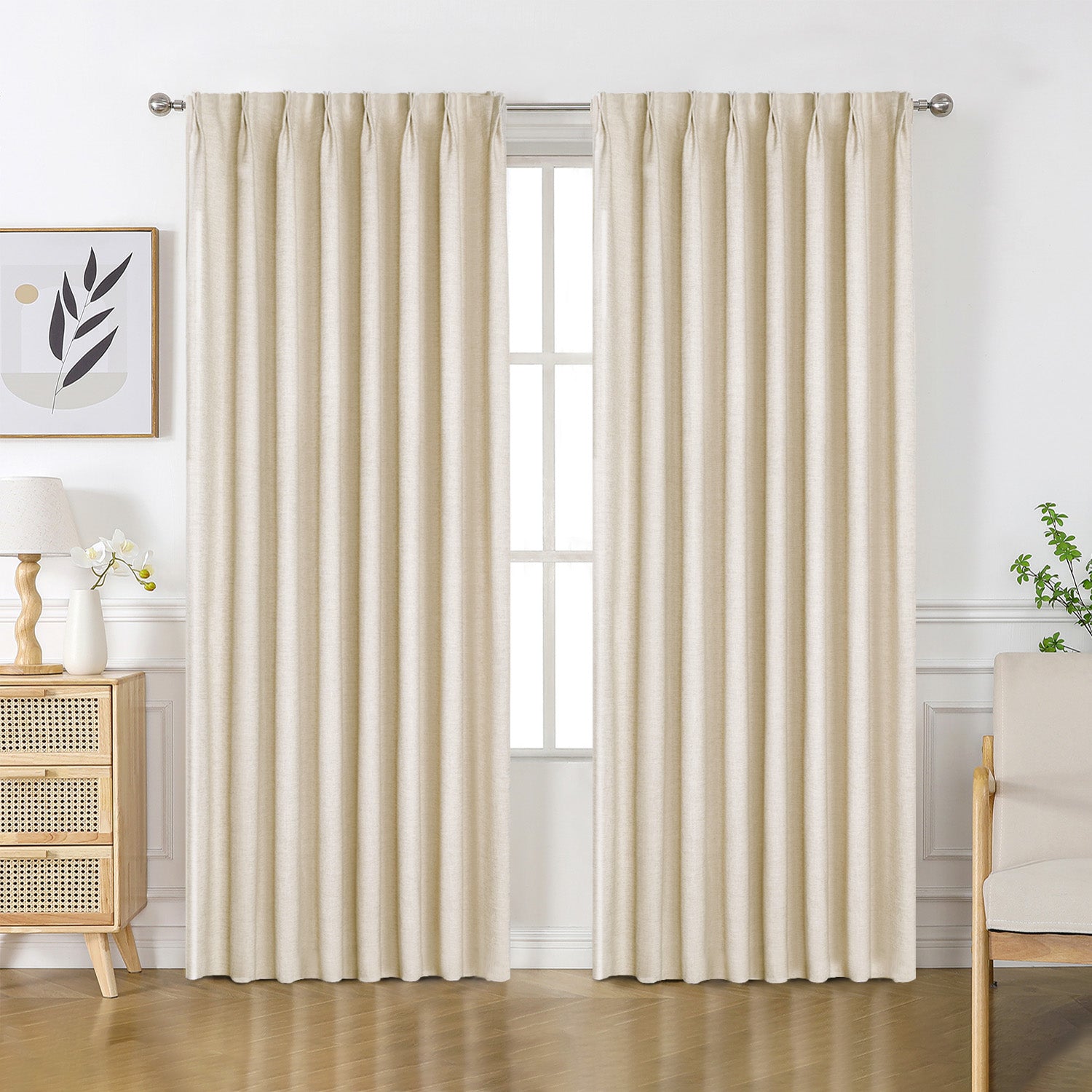 Joydeco Custom Flaxaline Linen Semi-Blackout Curtains - Linen 1 Joydeco functional room display focusing on custom linen semi blackout curtains arranged over a minimalistic layout.