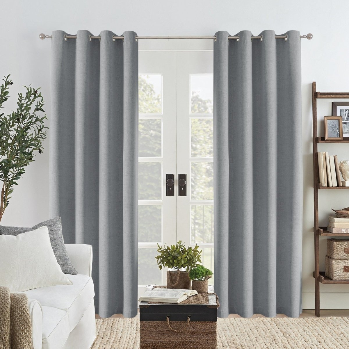 Joydeco Custom Linen Blackout Curtain - Light Grey 1 A tailored residential window layout showcasing beautiful blackout curtain light grey installed cleanly across a sunlit room.