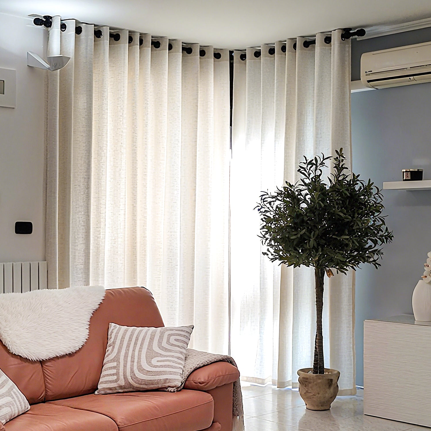 Joydeco Custom Linen Curtain | Semi-Sheer Light Filtering Panel with Rod Pocket & Back Tab - Ivory on Linen 1 Joydeco elegant home interior display highlighting high-quality ivory semi sheer linen panel cascading beautifully over a window setting.