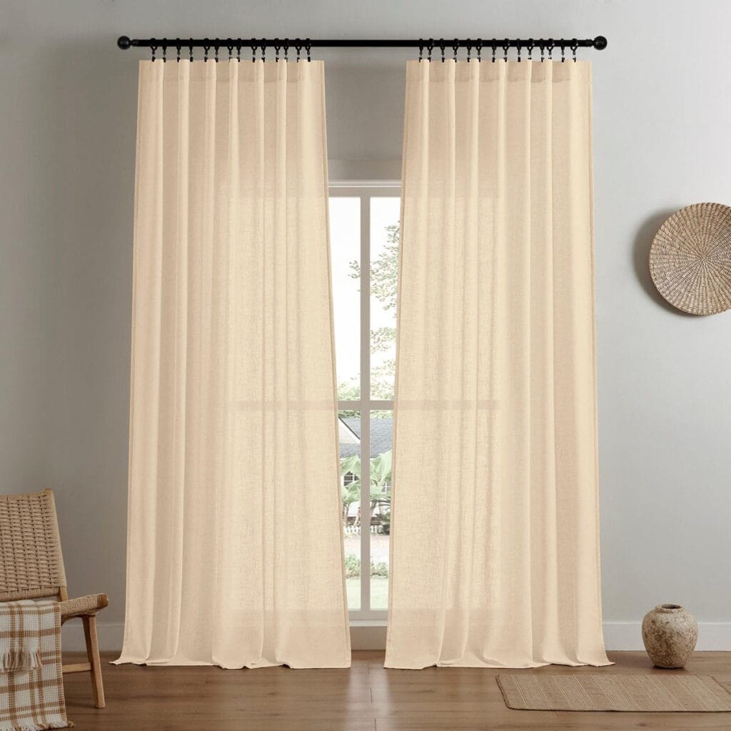 Joydeco functional room display focusing on custom linen filtering curtain ecru arranged over a minimalistic layout.