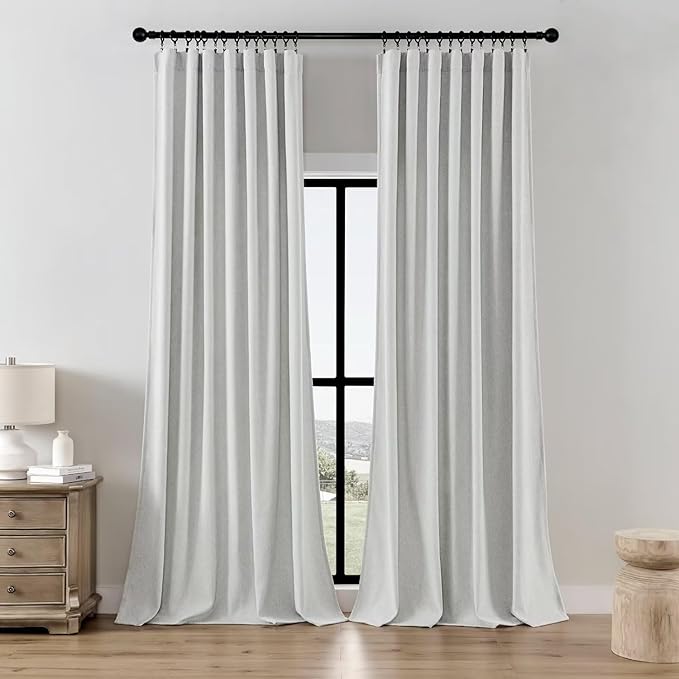 Joydeco Custom Linen Light Filtering Curtain - Greyish White 1 Close-up macro shot highlighting the dense weave texture and solid backing of a durable linen curtain greyish white.