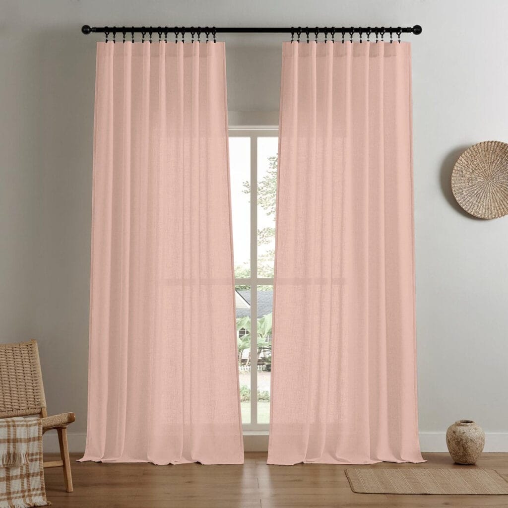 Polished contemporary layout showcasing how an integrated linen curtain pink beige setup delivers instant shade control.