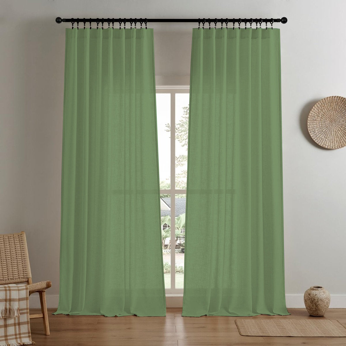 Joydeco Custom Linen Light Filtering Curtain - Sage Green 1 A modern home interior showing high-quality linen curtain sage green installed clean across a bright window frame.