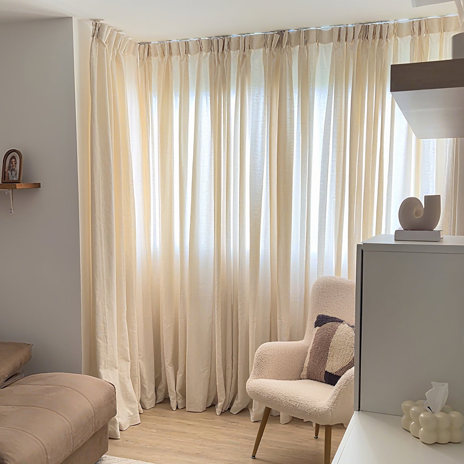 Joydeco Custom Linen Semi-Sheer Light Filtering Living Room Curtain, Rod Pocket & Back Tab - Ivory on Linen 1 Sleek contemporary living room arrangement showcasing how a set of integrated ivory semi sheer curtains dresses up the window space.