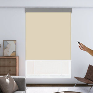 Nicely dressed private reading room window featuring the smooth horizontal profile of a custom motorized blackout apricot.