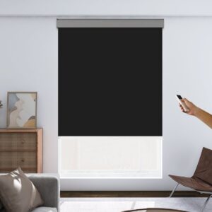 Nicely dressed private reading room window featuring the smooth horizontal profile of a custom motorized blackout black.