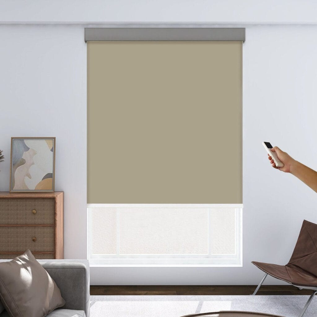 Joydeco custom motorized window treatment option showing an integrated motorized blackout coffee setup over clean wall decor.
