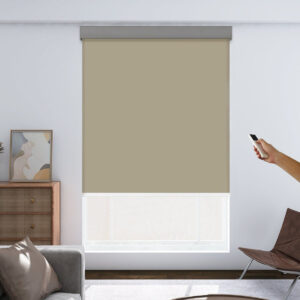 Joydeco custom motorized window treatment option showing an integrated motorized blackout coffee setup over clean wall decor.