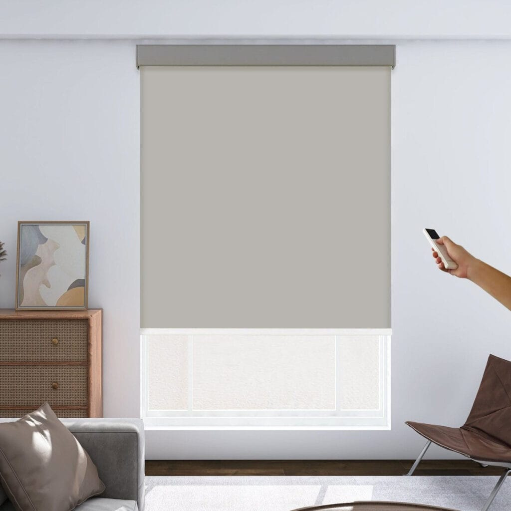 Modern automated smart home windows featuring high-quality motorized blackout dark gray installed in a bright modern workspace.