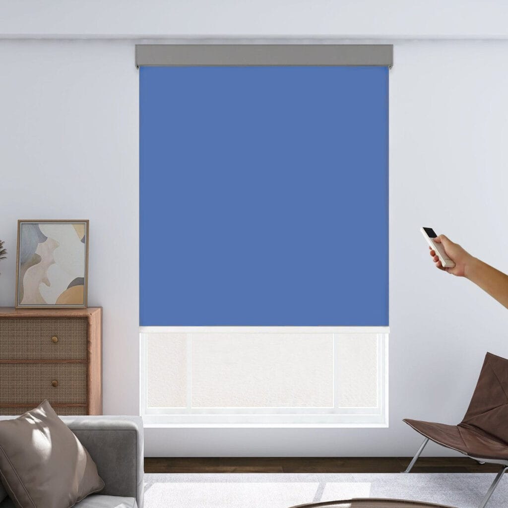 Sleek architectural living area showcasing how an optimized motorized blackout dark blue shields a room from direct solar heat.