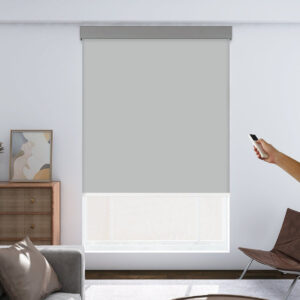 Close-up clean view focusing on the flat textile face and precise tracks of a sleek motorized blackout light gray.