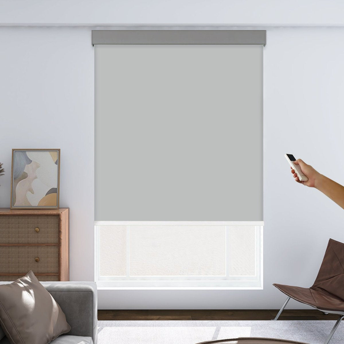 Joydeco Custom Plug-in Motorized Blackout Roller Shades - Light Gray 1 Close-up clean view focusing on the flat textile face and precise tracks of a sleek motorized blackout light gray.