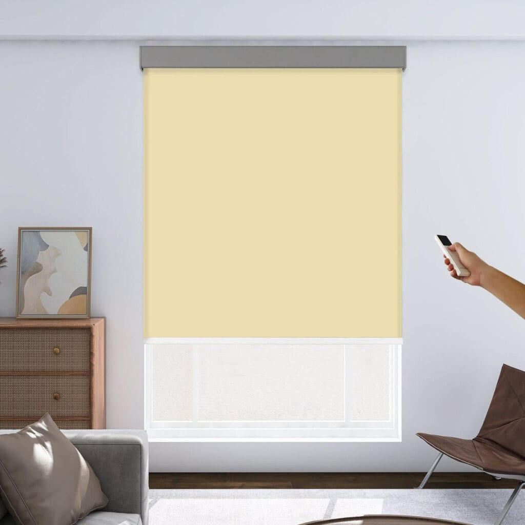 Modern apartment window arrangement showing how a custom light yellow motorized shade provides excellent daily shade control.