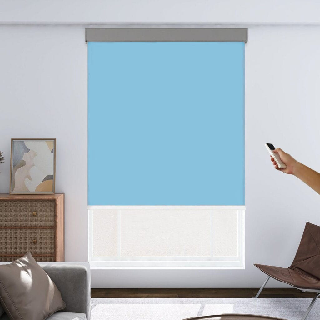Close-up clean view focusing on the flat textile face and precise tracks of a sleek motorized blackout light blue.