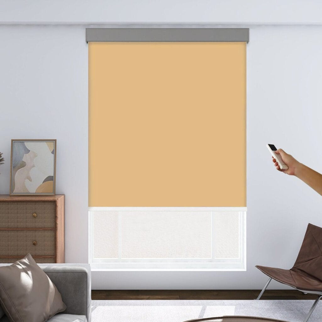 Modern automated smart home windows featuring high-quality motorized blackout orange installed in a bright modern workspace.
