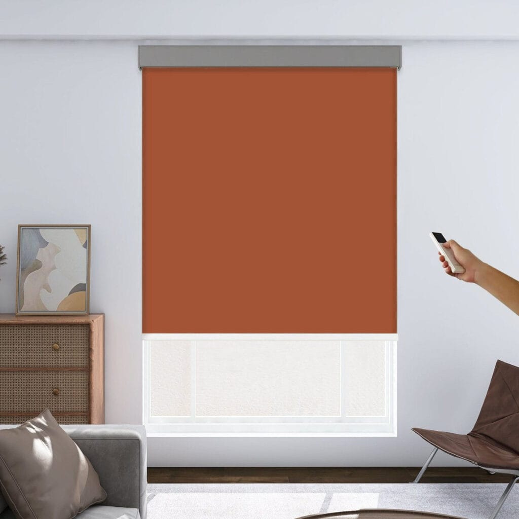 Joydeco custom motorized window treatment option showing an integrated motorized blackout red setup over clean wall decor.