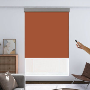 Joydeco custom motorized window treatment option showing an integrated motorized blackout red setup over clean wall decor.