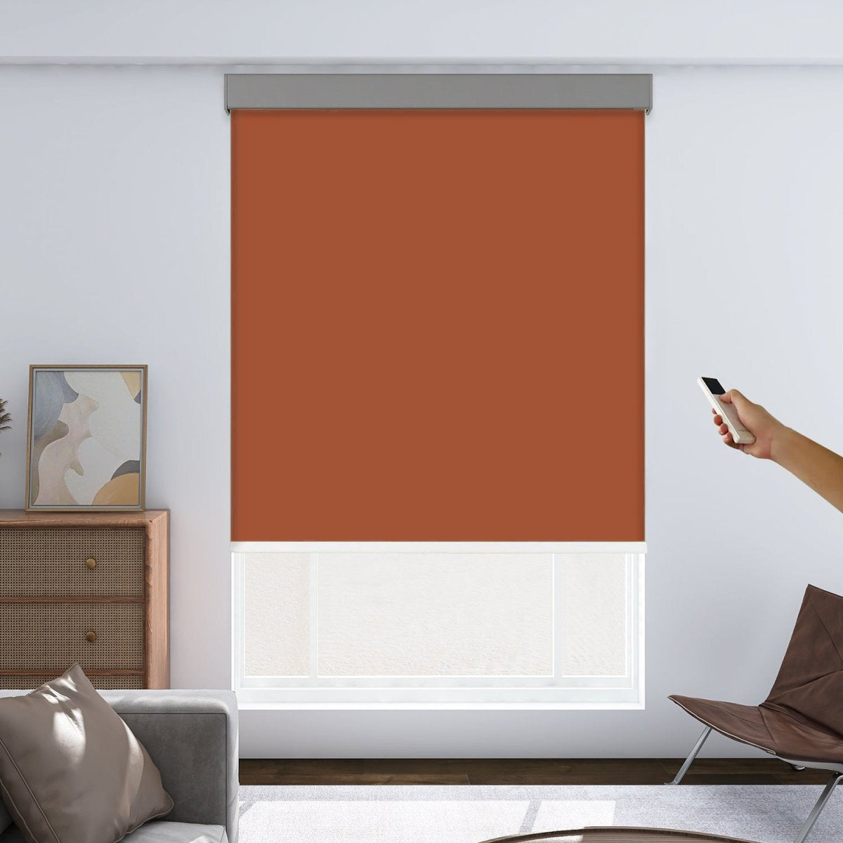 Joydeco Custom Plug-in Motorized Blackout Roller Shades - Red 1 Joydeco custom motorized window treatment option showing an integrated motorized blackout red setup over clean wall decor.