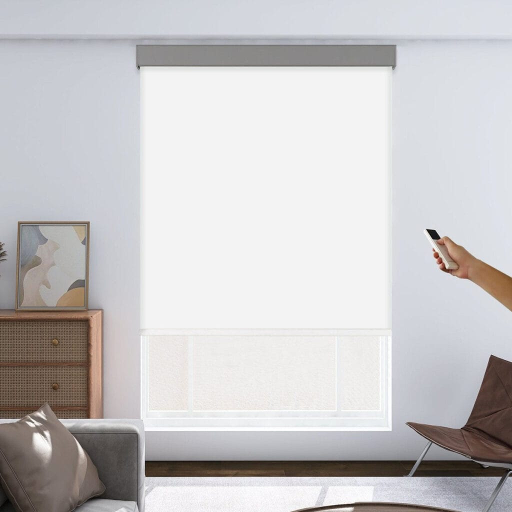 A polished residential bedroom layout featuring a beautiful motorized blackout white drawn shut to secure total rest.