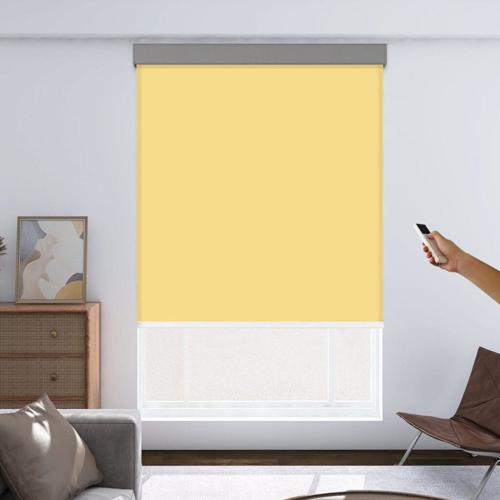 Sleek contemporary home office frame showcasing the smooth look of an integrated motorized blackout yellow.