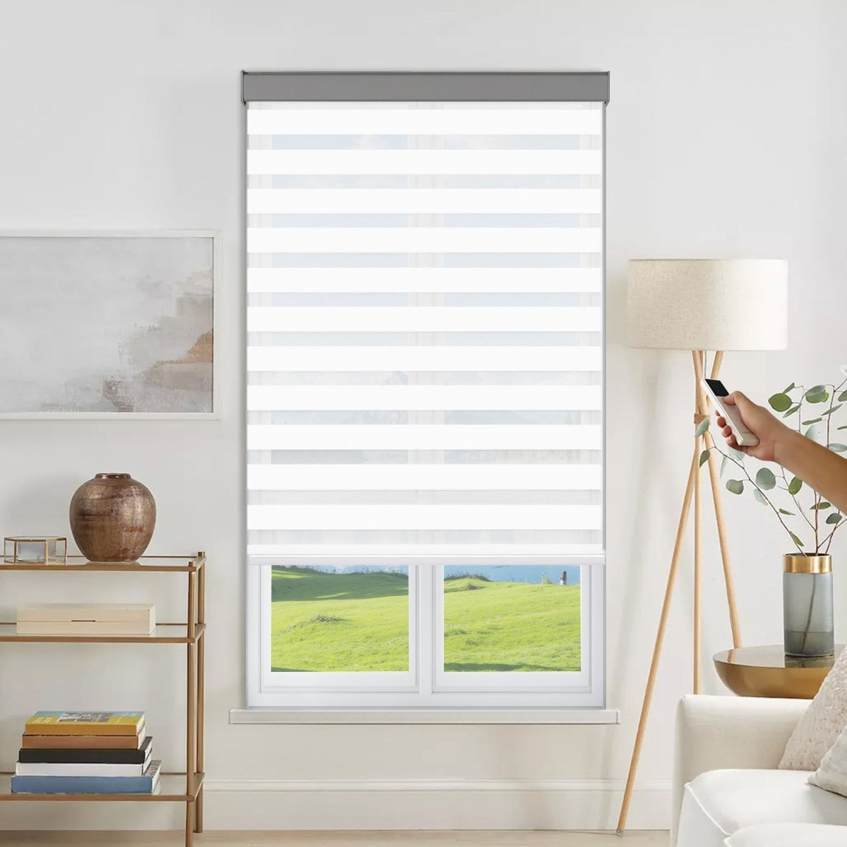 Joydeco Custom Plug-in Motorized Modern Light Filtering Dual Shade - White 1 Modern automated smart home windows featuring high-quality motorized dual shade white installed in a bright modern workspace.