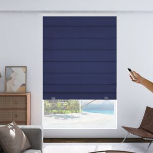 Joydeco custom motorized window treatment option showing an integrated roman shade motorized navy blue setup over clean wall decor.