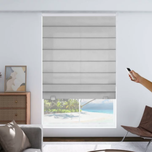Joydeco custom Roman Shade motorized white window treatment setup over clean wall decor.