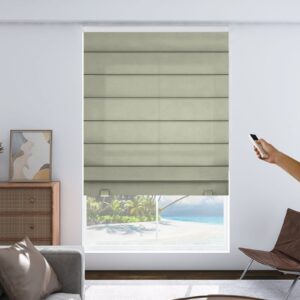 Close-up clean view focusing on the flat textile face and precise tracks of a sleek roman shade blackout brown.