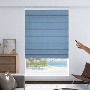 Sleek architectural living area showcasing how an optimized roman shade blackout blue shields a room from direct solar heat.